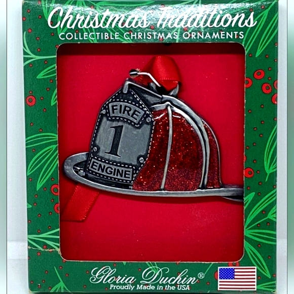 Christmas Tree Ornament Red Glitter/Pewter Trim Firefighter's Helmet Made In USA - Picture 7 of 9